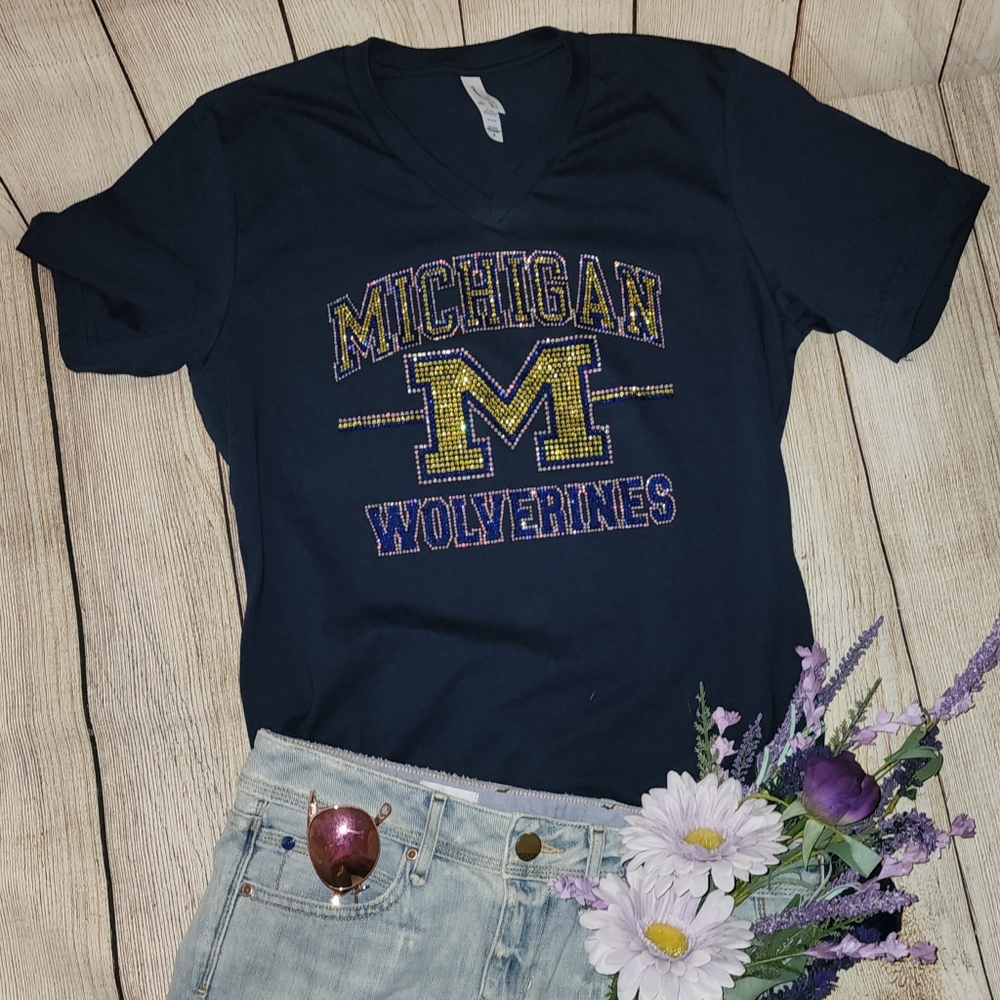 New University of Michigan Wolverines Bling Tshirt Relaxed Fit S-4X Navy Tee